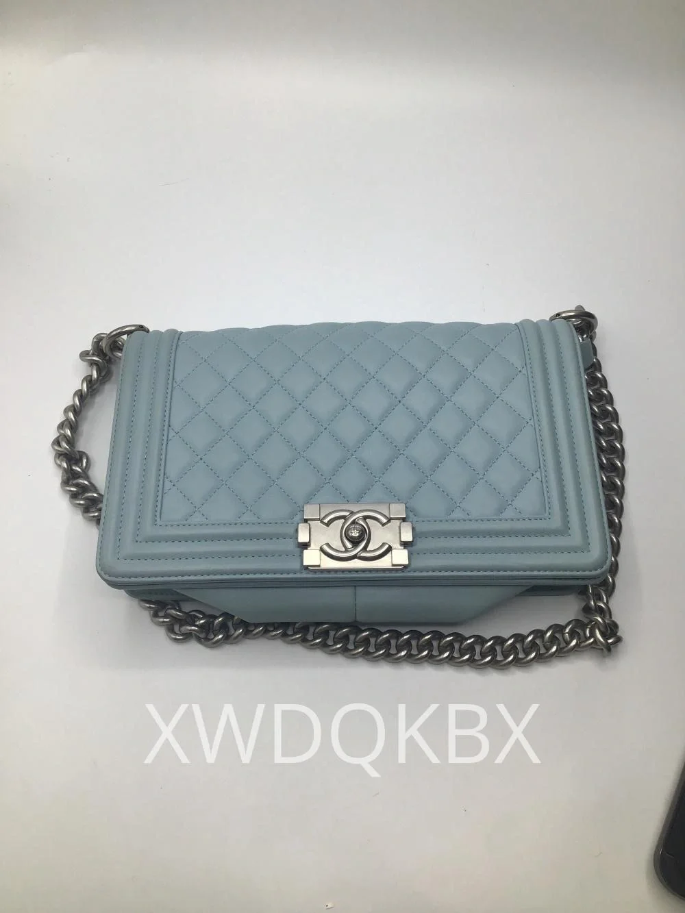 CHANEL Light Blue Quilted Boy Flap Shoulder Bag with Silver Chain